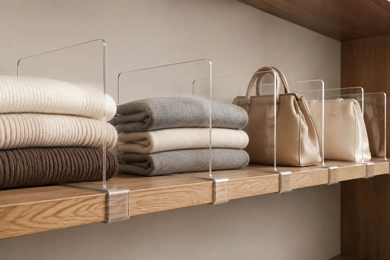 Clear acrylic dividers installed along a solid wood closet shelf