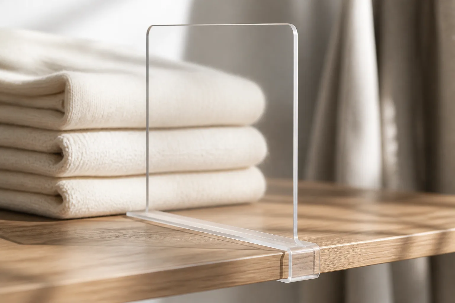 Polished clear acrylic panel edge beside folded sweaters