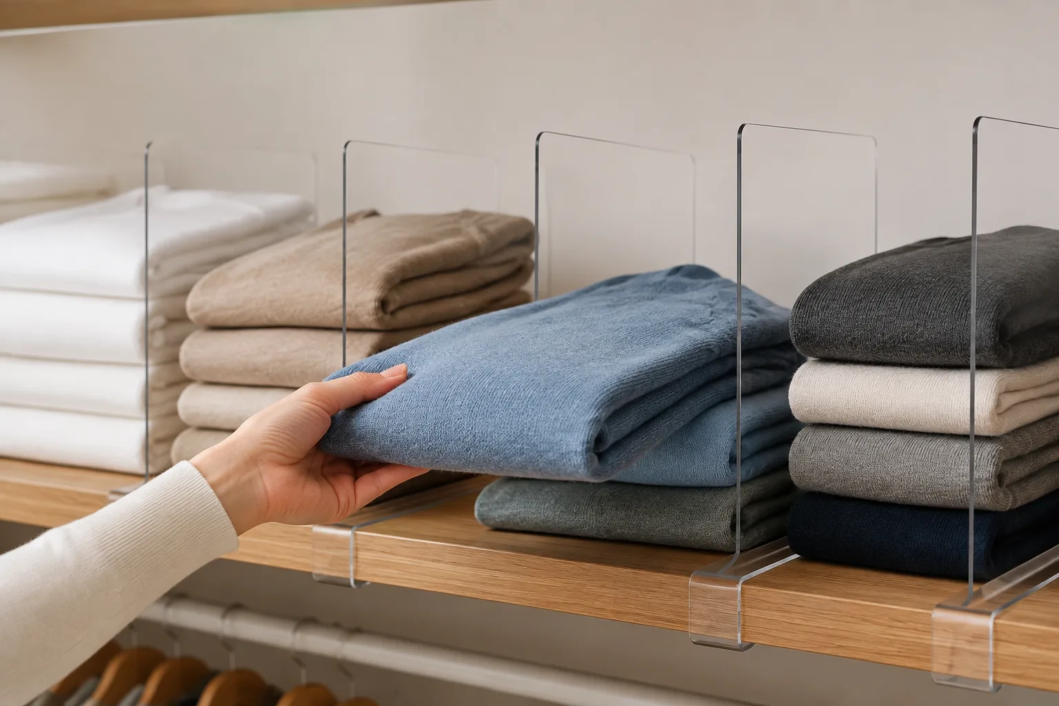 Hand removing a sweater between installed clear shelf dividers