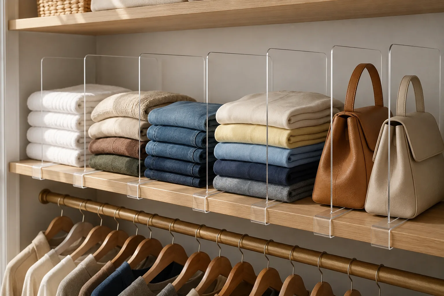 Organized closet shelf with six clear dividers separating clothes and handbags