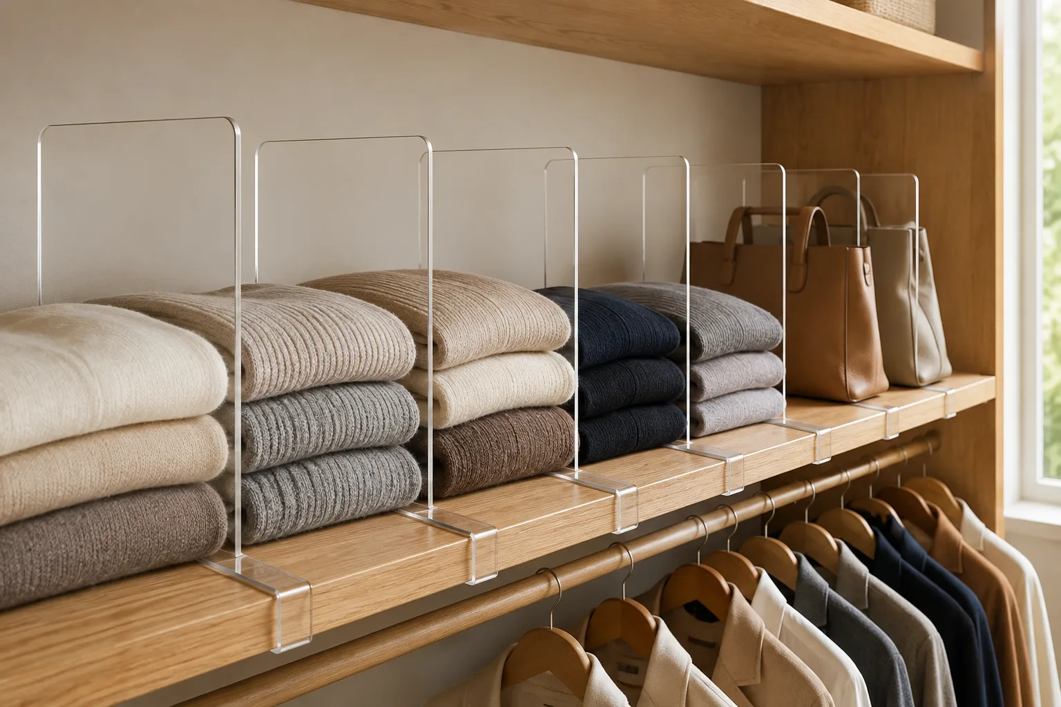 Six clear acrylic extra-tall shelf dividers organizing sweaters and handbags on a closet shelf