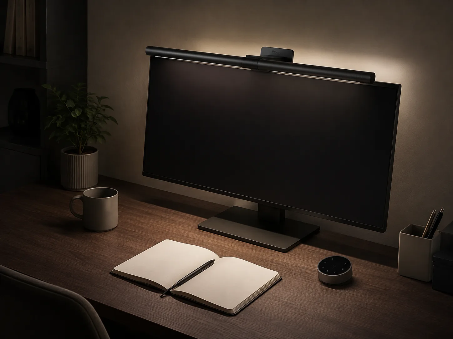Light bar illuminating an evening workspace
