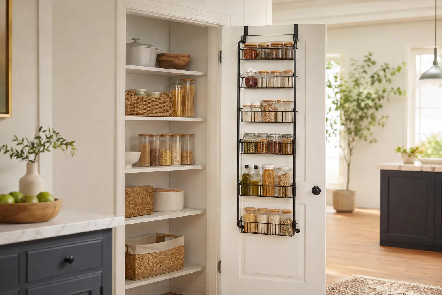 Six-tier organizer in an open pantry doorway