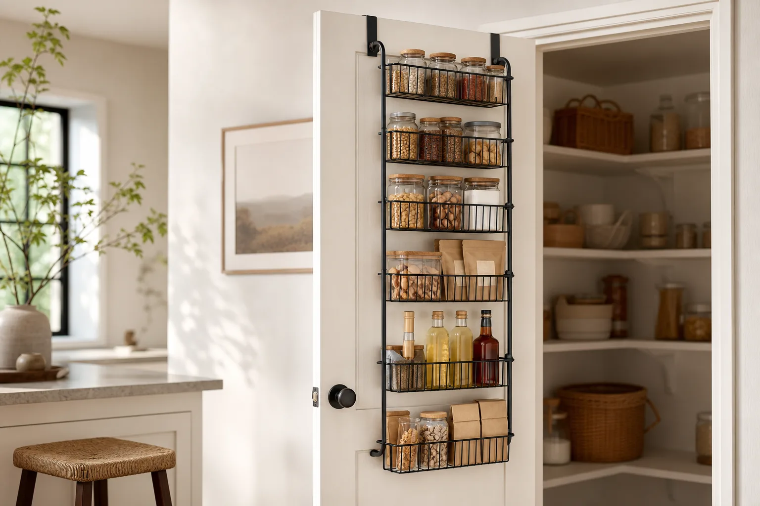 Six-tier over-door pantry baskets on a measured pantry door
