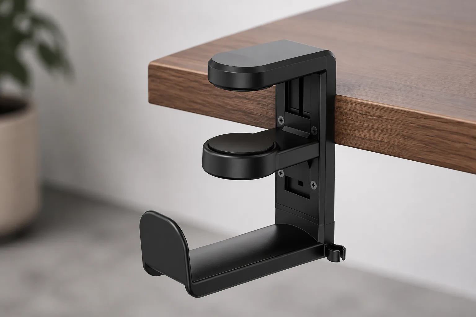 Black clamp-on headphone hanger shown from a full three-quarter angle