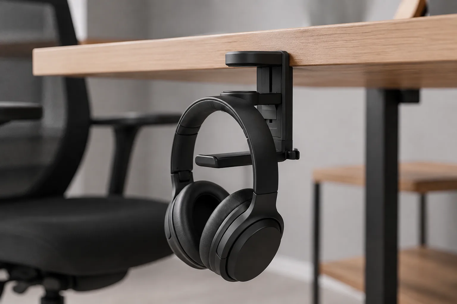 Spring-clamp headphone hanger installed on a desk edge