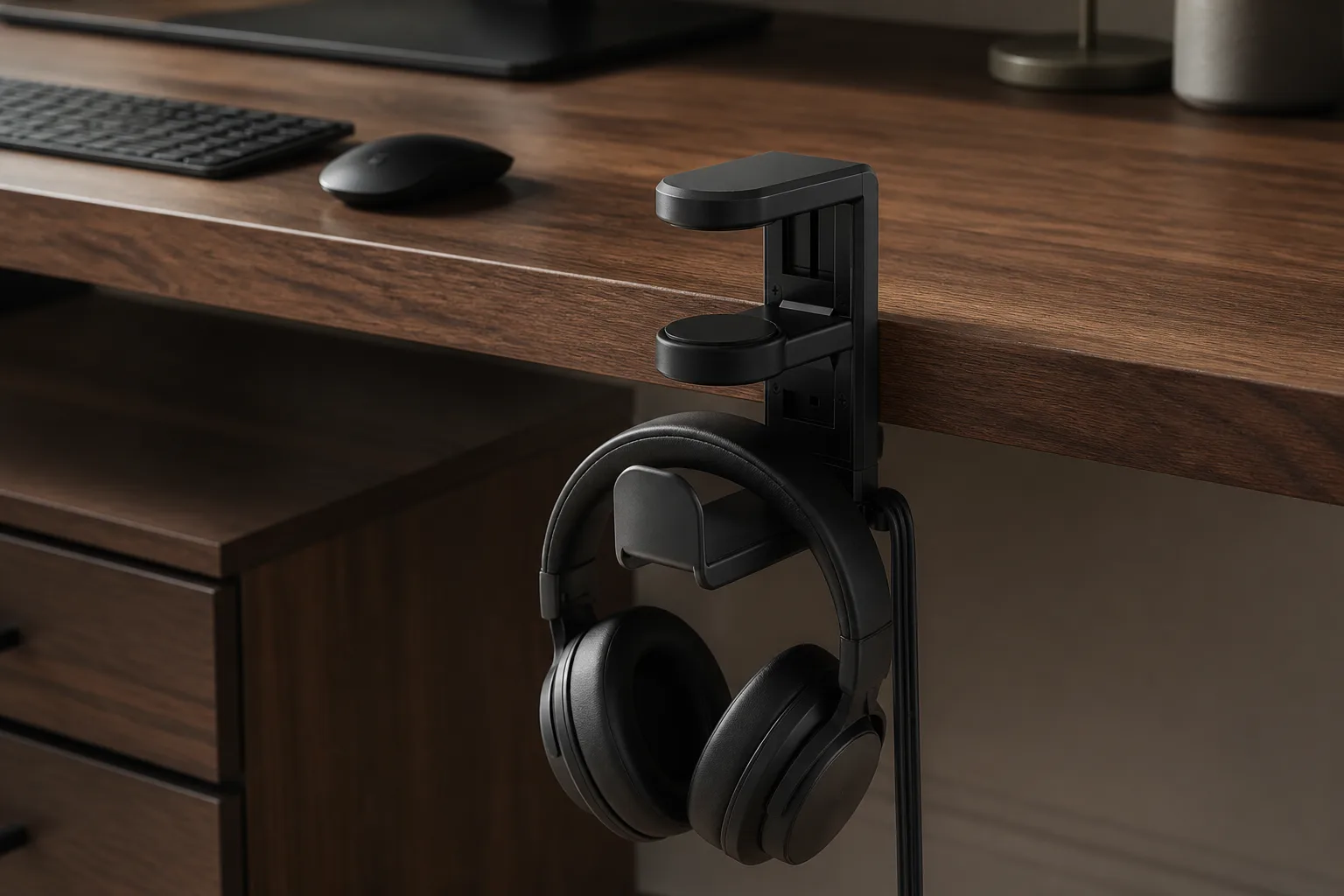 Black spring-clamp headphone hanger holding a headset beneath a walnut desk