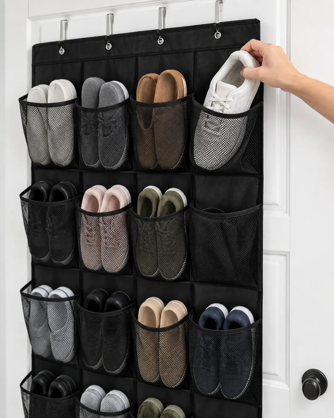 Black over-door organizer holding plain shoes in a tidy entry closet