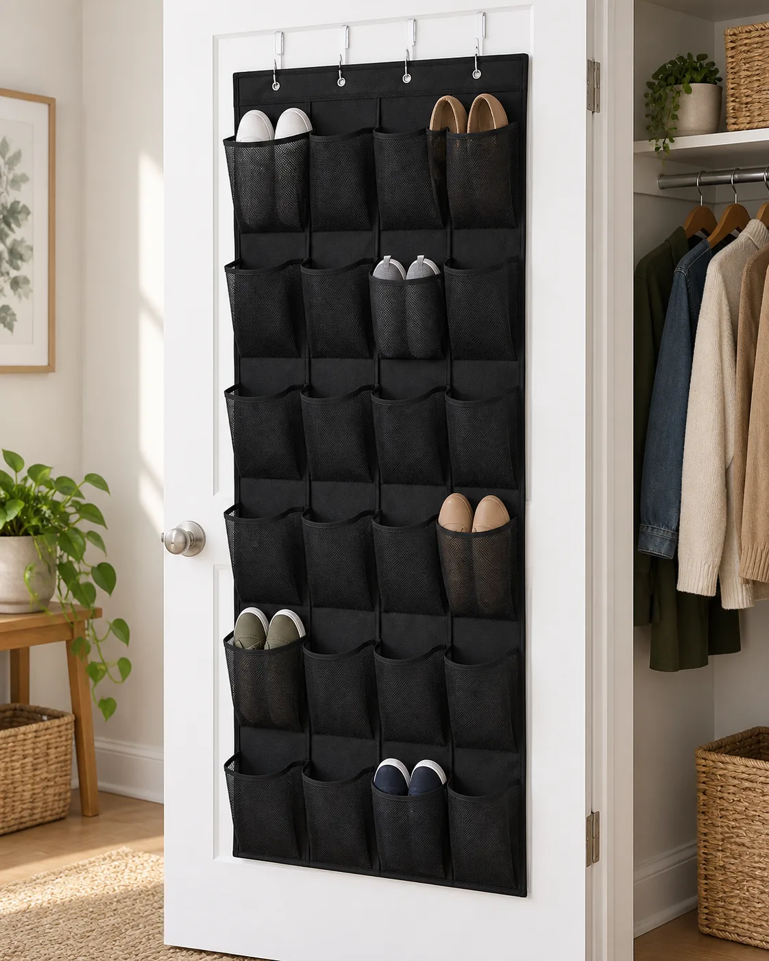 Black over-door shoe organizer with twenty-four mesh pockets on a measured door