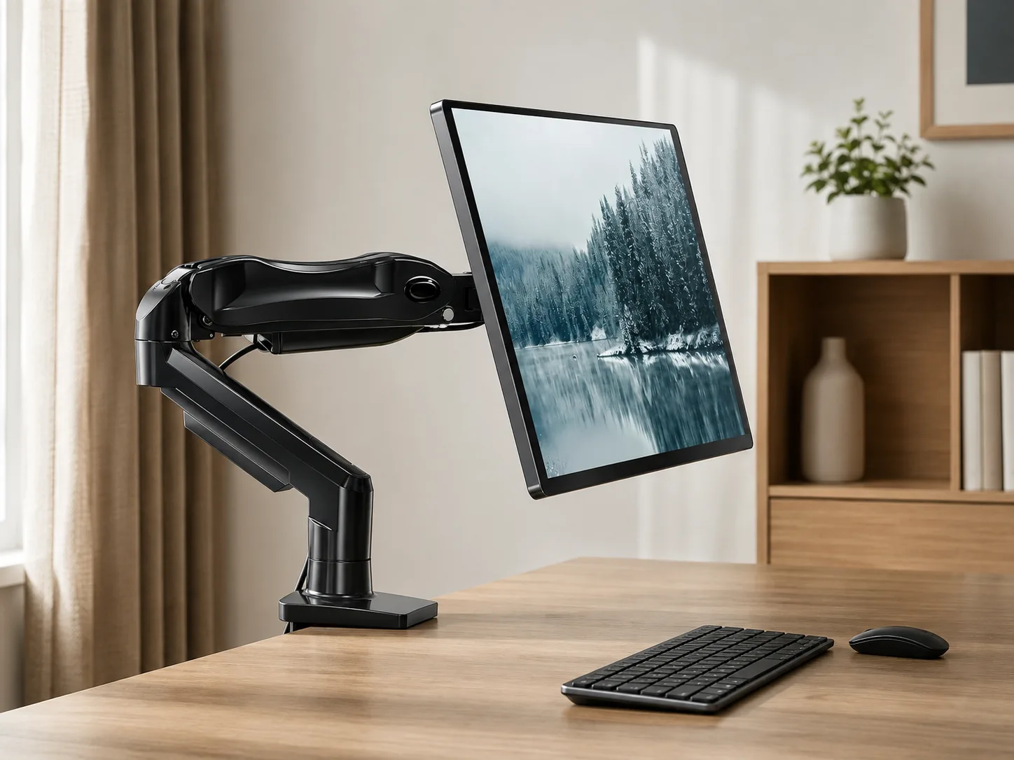 Elevated monitor above a clear work surface