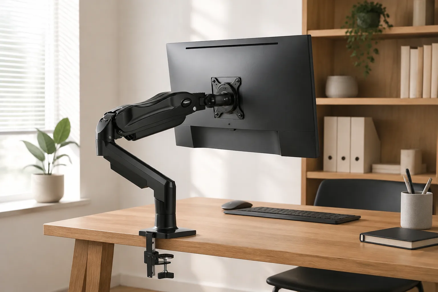 Single monitor supported by a black articulated arm