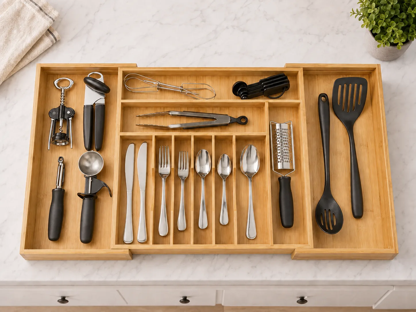 Overhead view of the bamboo tray compartment layout