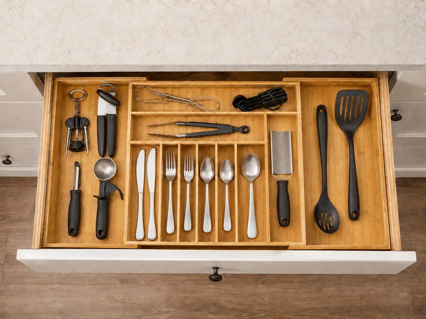 Open kitchen drawer with sorted utensils