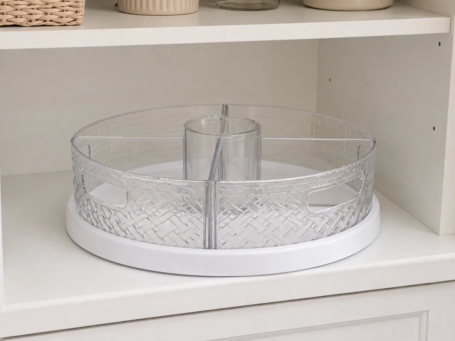 Side view of the turntable on a cabinet shelf