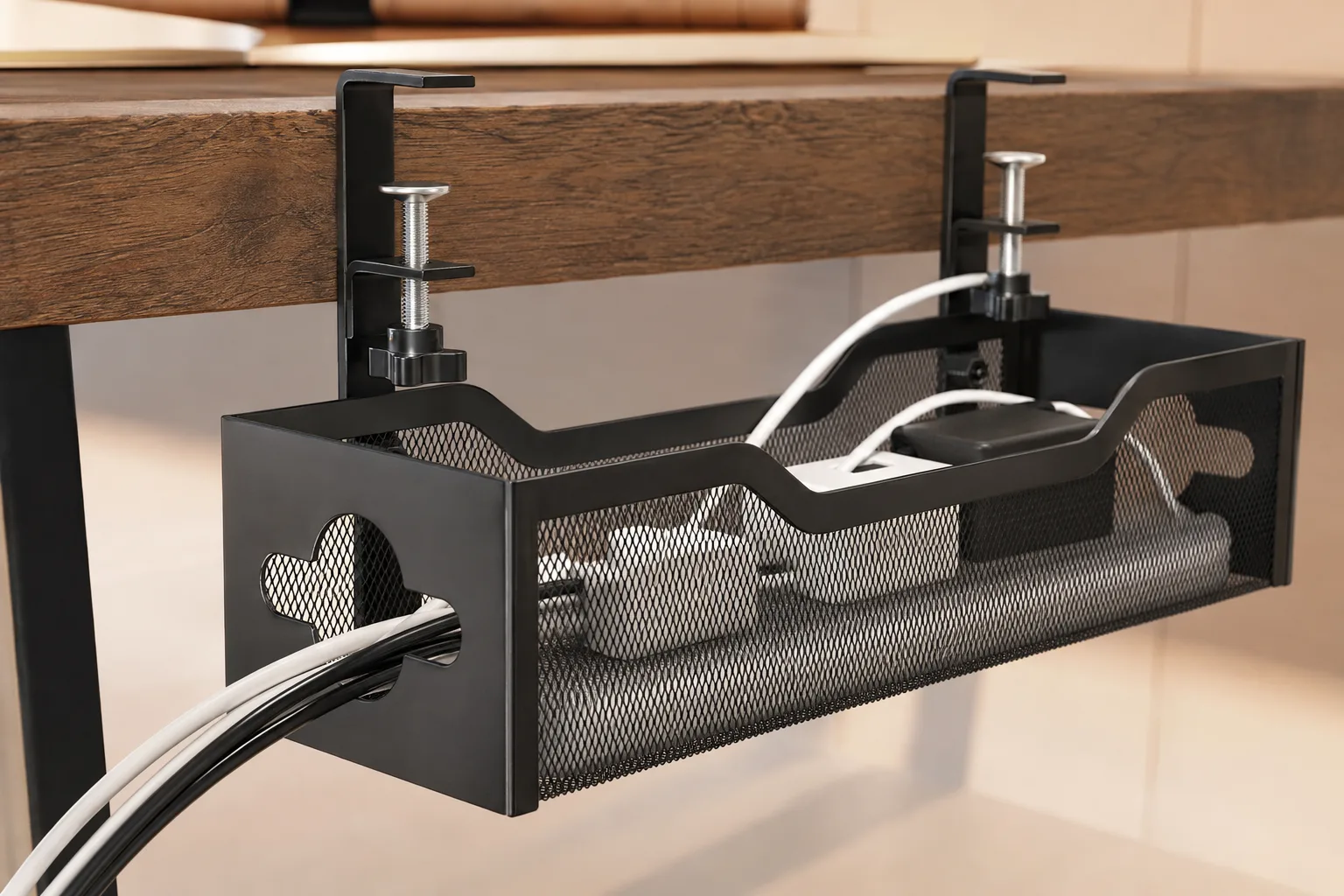 Close-up of the mesh wall and cable-routing port