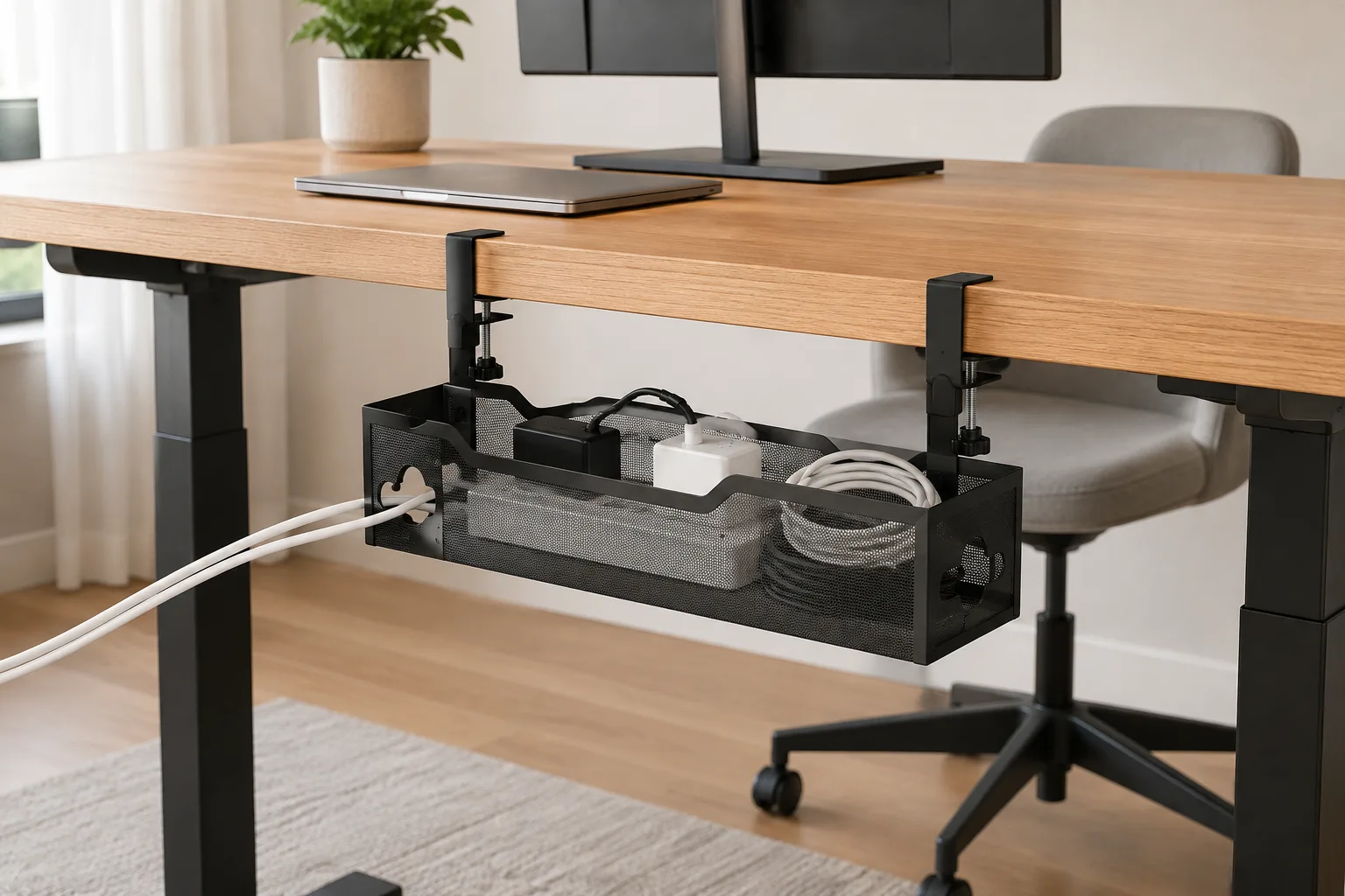 Clamp-on mesh cable tray mounted under a flat desk edge