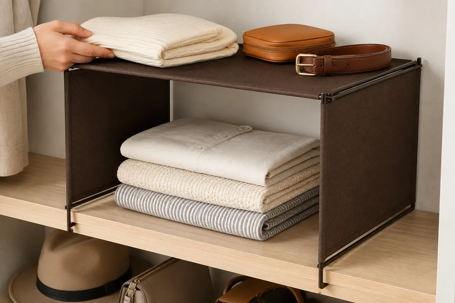 Bronze Extra Shelf installed as a height-doubling tier on a solid shelf