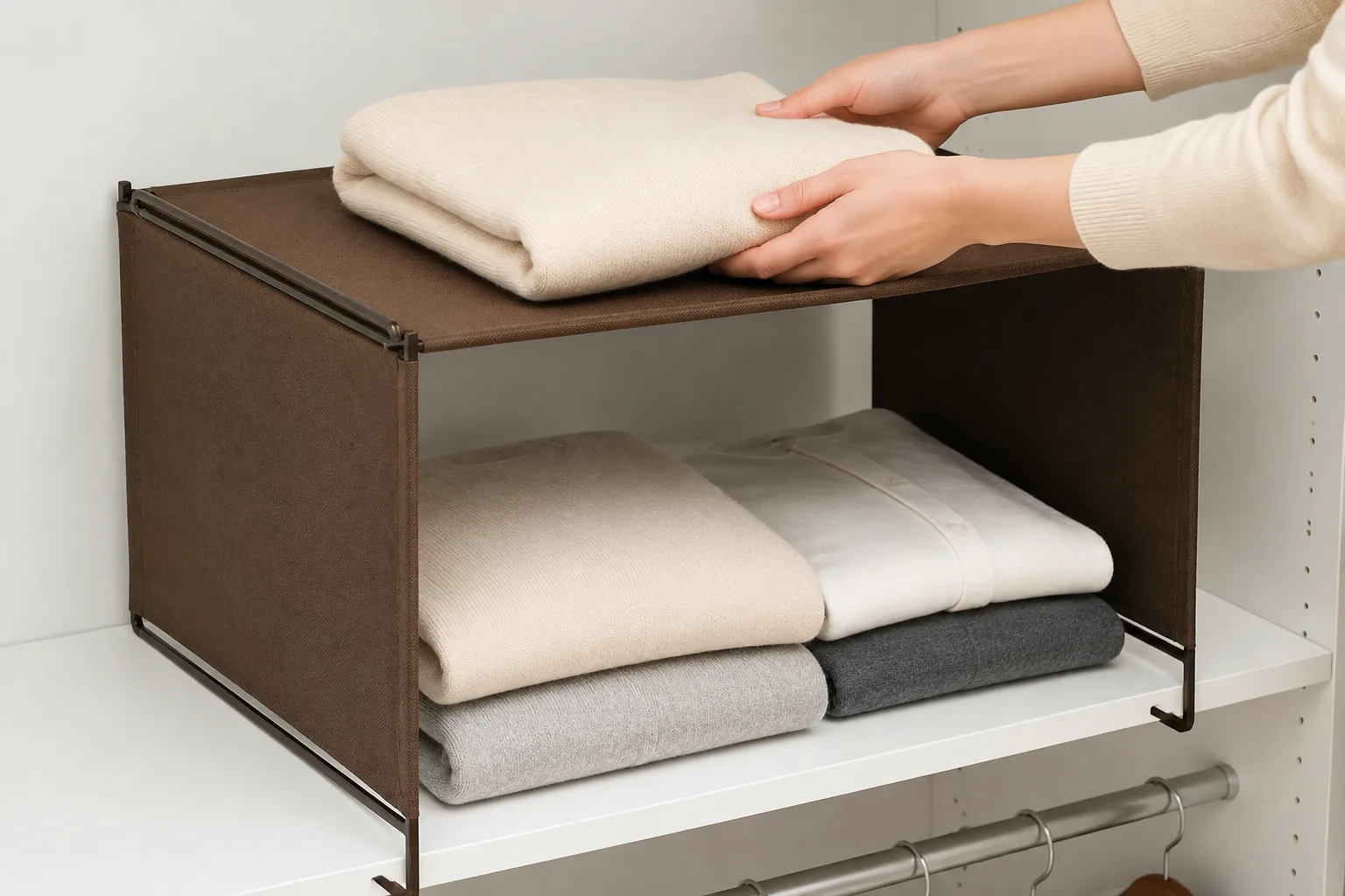 Hands placing a folded sweater on the added upper fabric deck