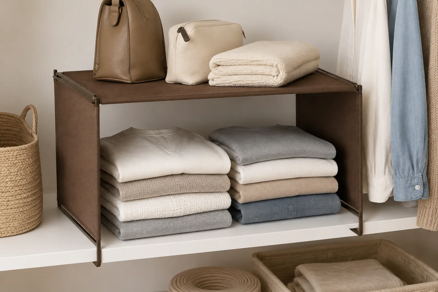 Tidy closet with the bronze Extra Shelf clearly installed as an add-on tier