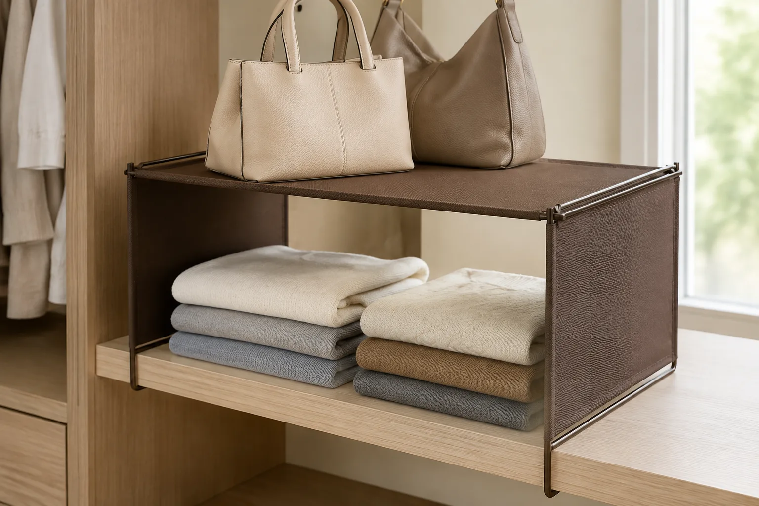 Bronze fabric Extra Shelf locked over a solid closet shelf with storage above and below