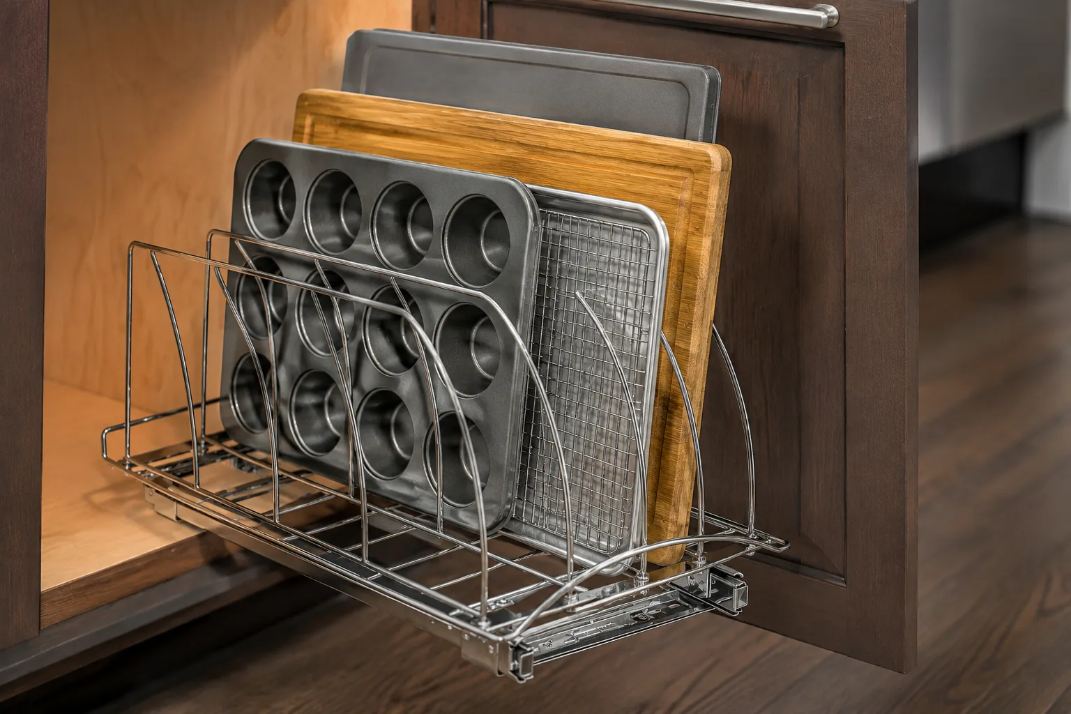 Cookie sheets, boards, and cooling rack stored upright