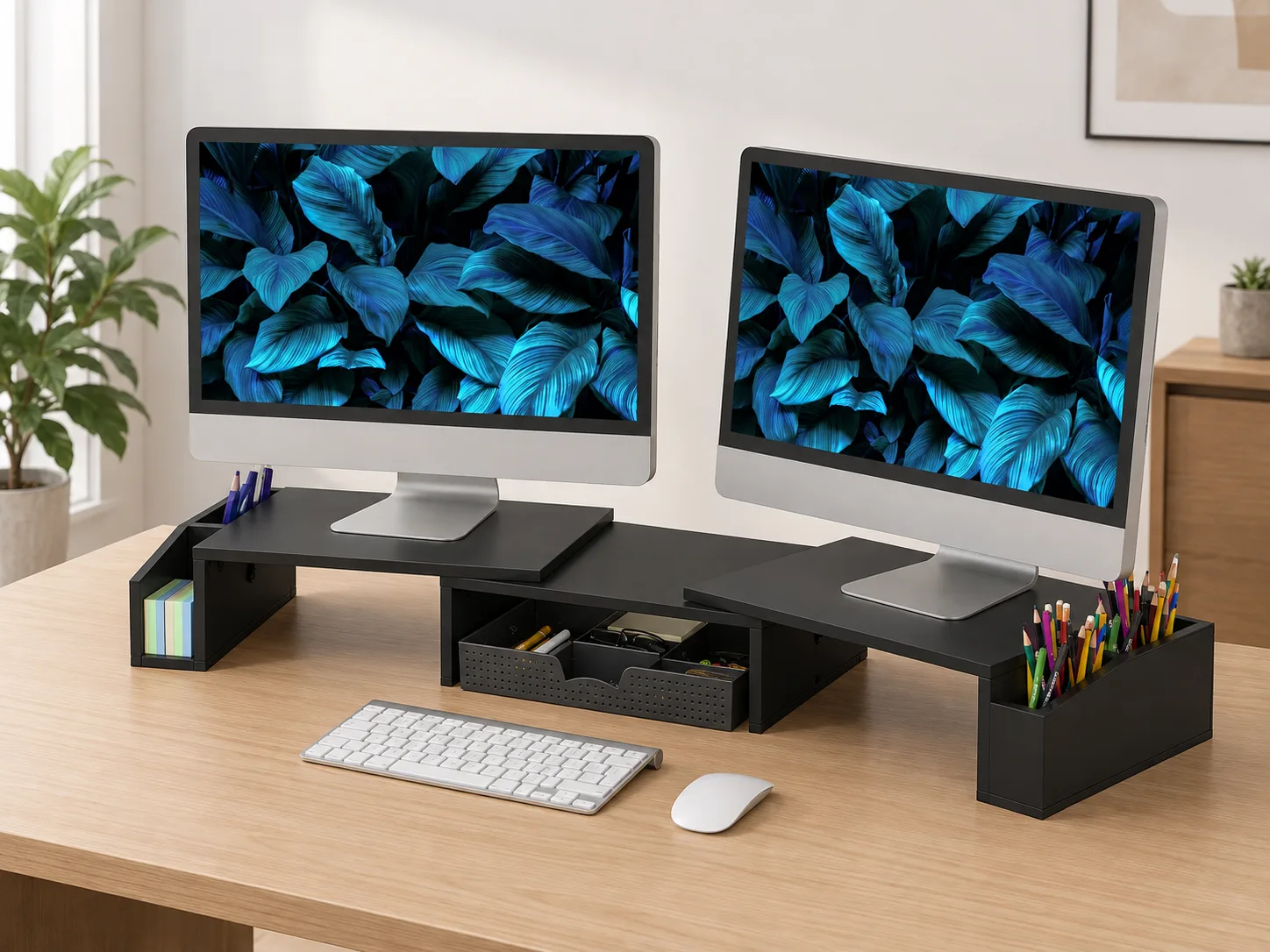 Three-quarter view of the dual monitor stand