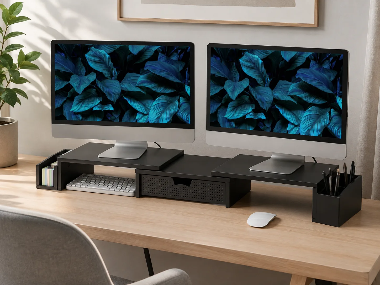 Keyboard stored under a raised monitor platform