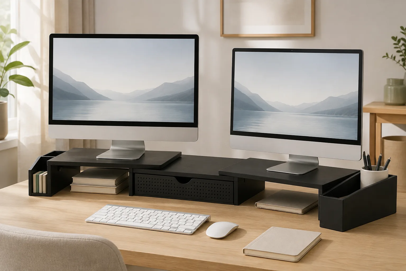 Two monitors supported by a black stand with storage