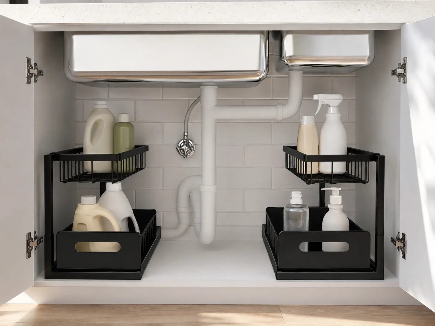Alternate close view of REALINN organizer around plumbing