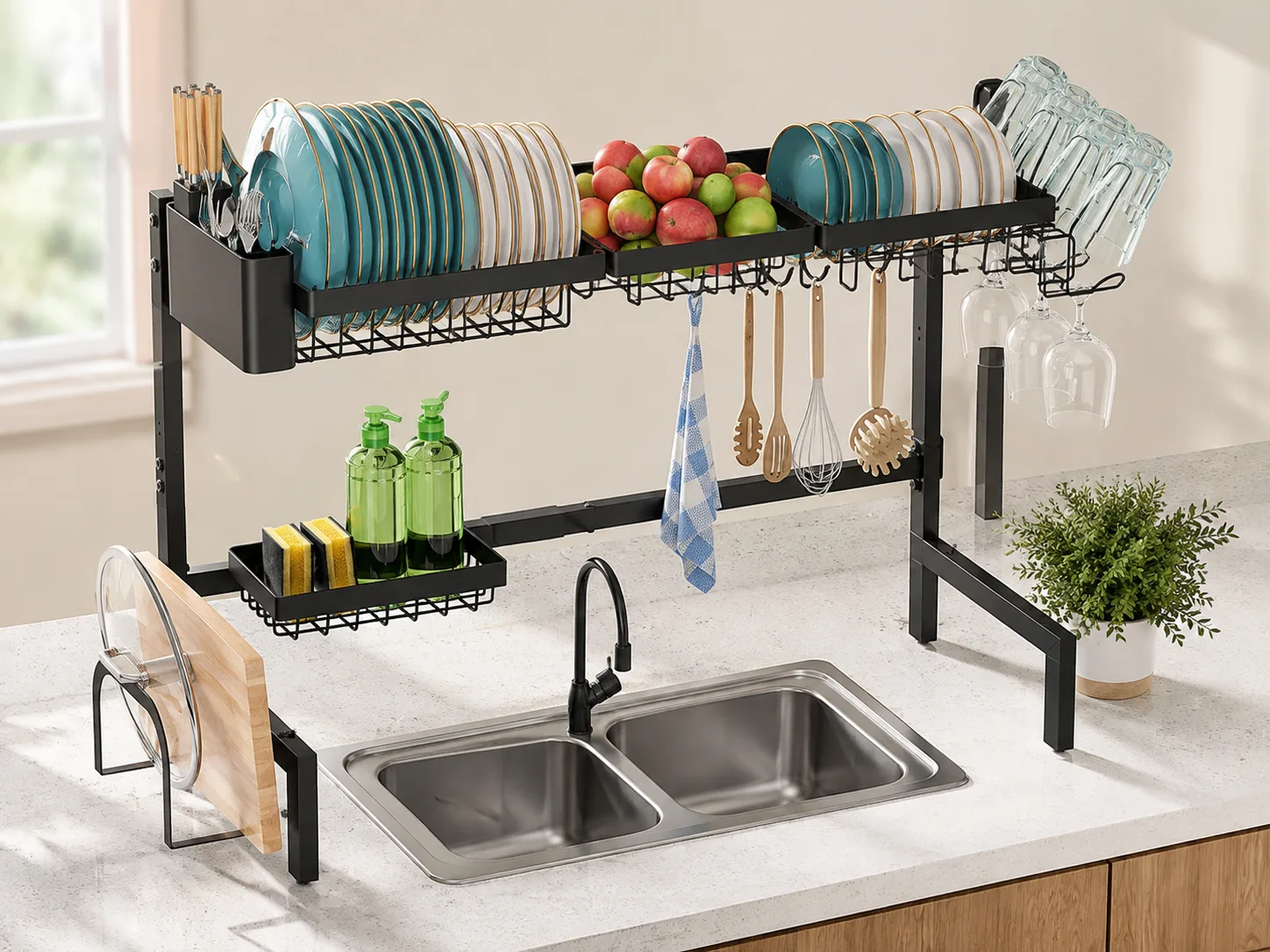 High-angle view of the over-sink rack layout