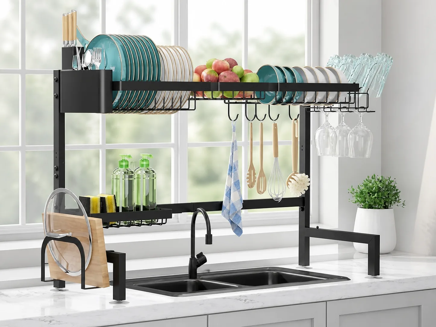 Three-quarter view of the rack baskets and side holders