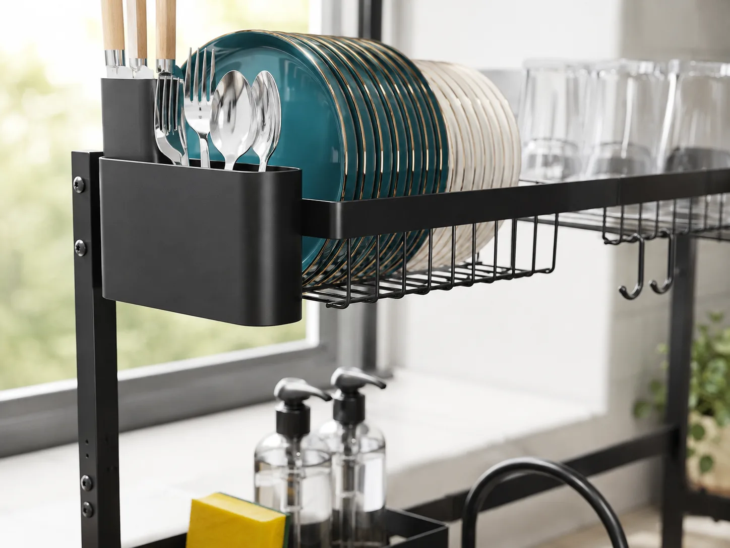 Close-up of the utensil holder and hooks