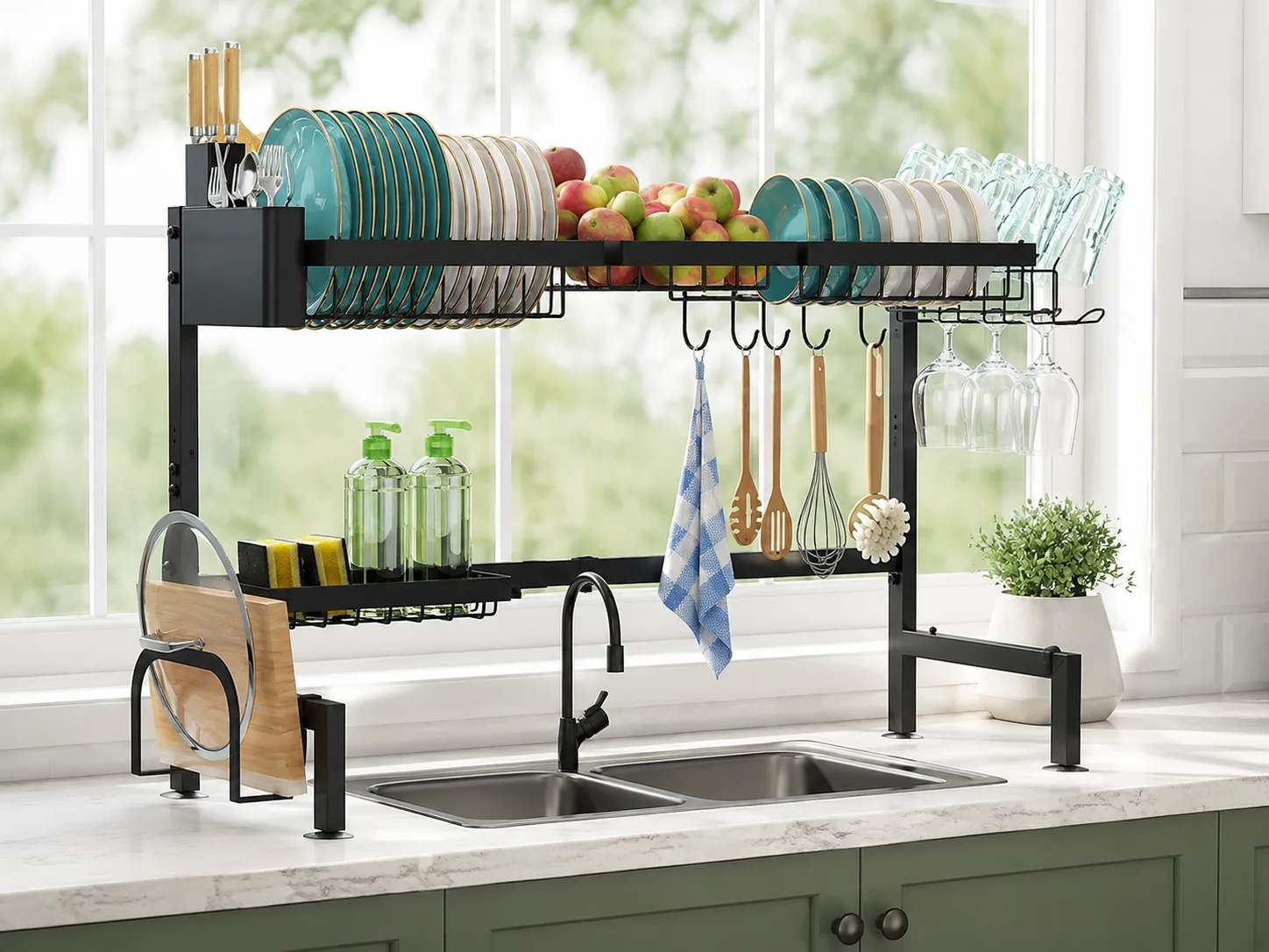 Dish rack leaving the faucet and sink accessible