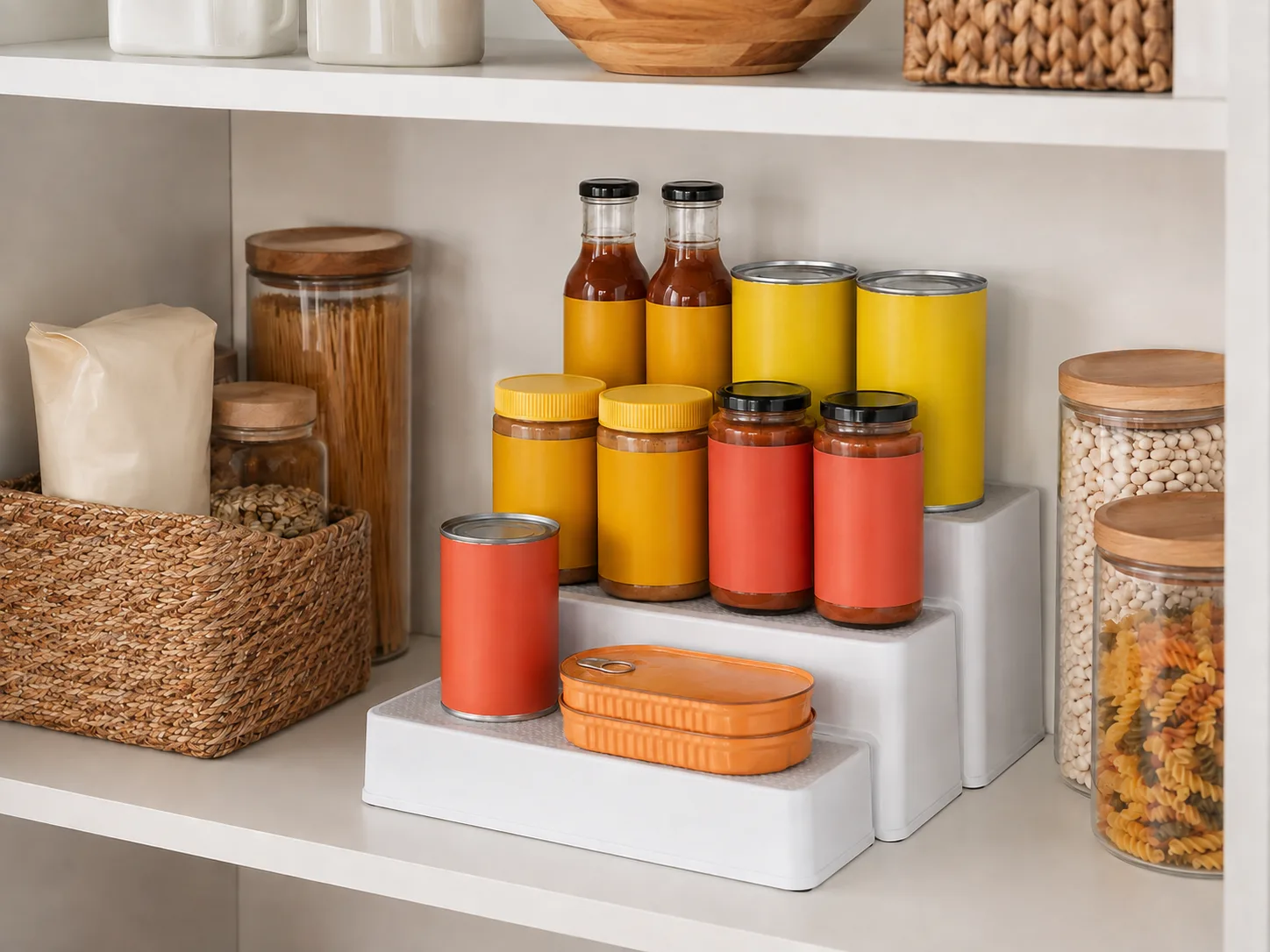 Tiered cans visible inside a pantry