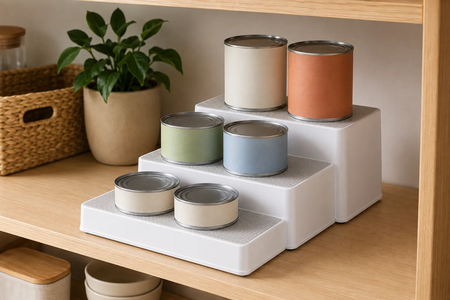 Three ascending pantry tiers holding plain cans
