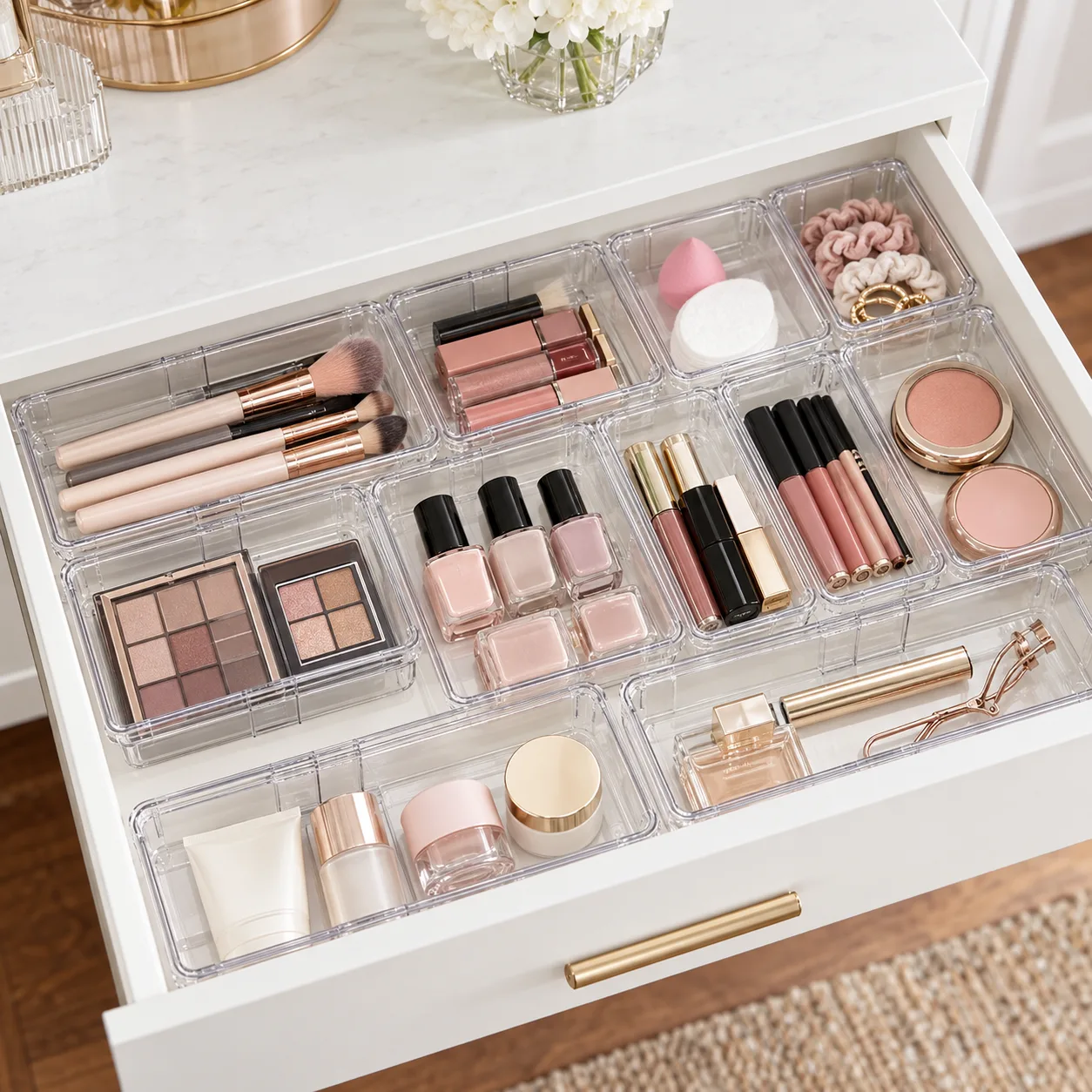 ShinyDew clear expandable trays arranged in a vanity drawer