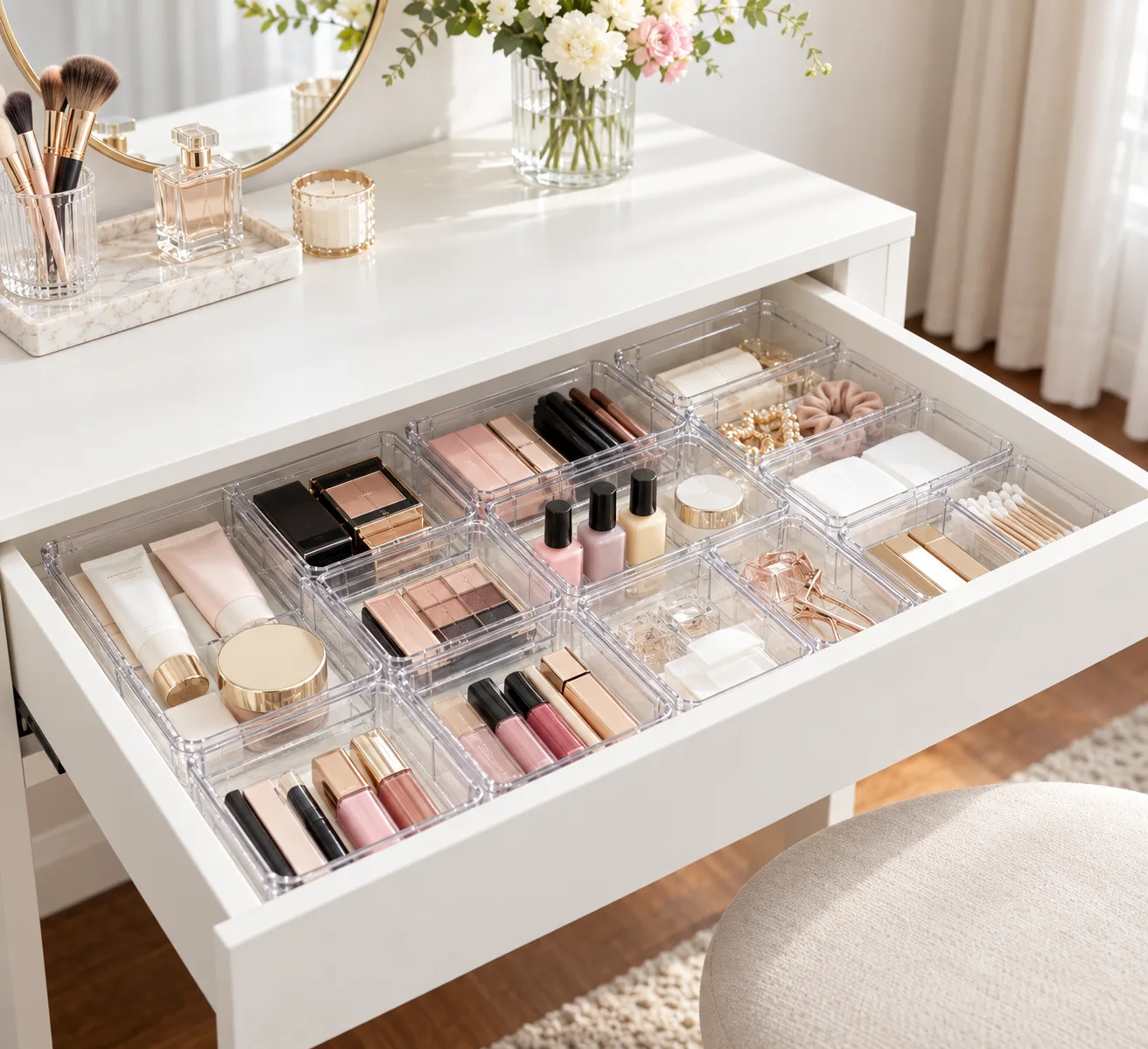 ShinyDew clear expandable organizer trays in an organized vanity drawer