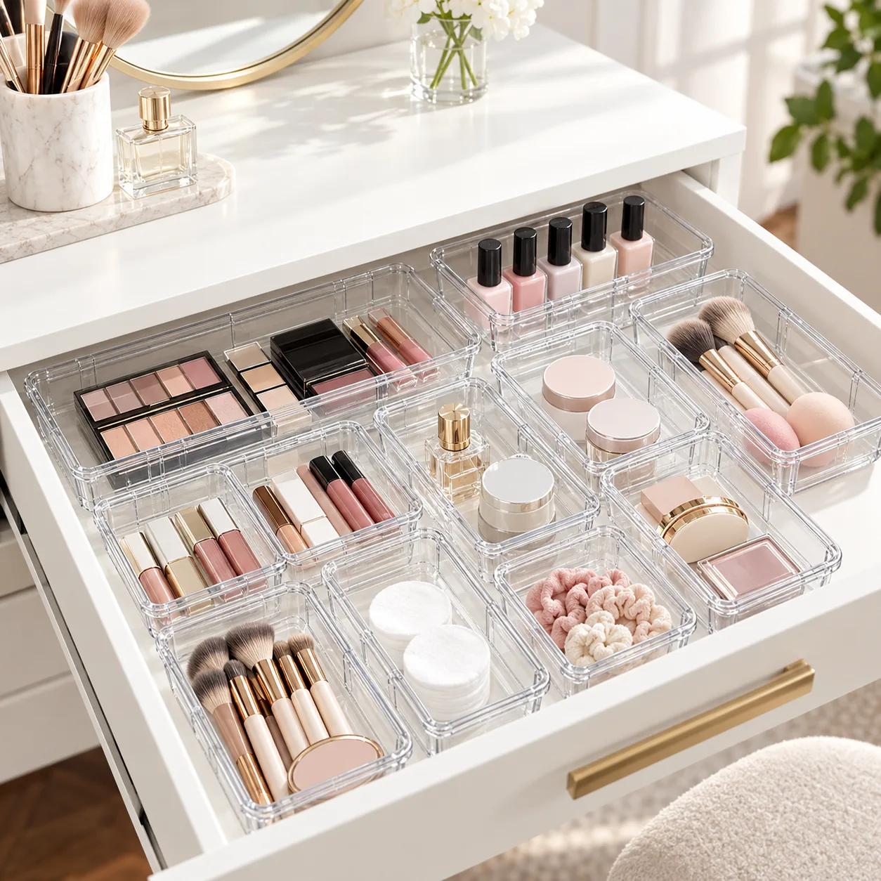Clear expandable drawer organizer trays arranged in a measured vanity drawer