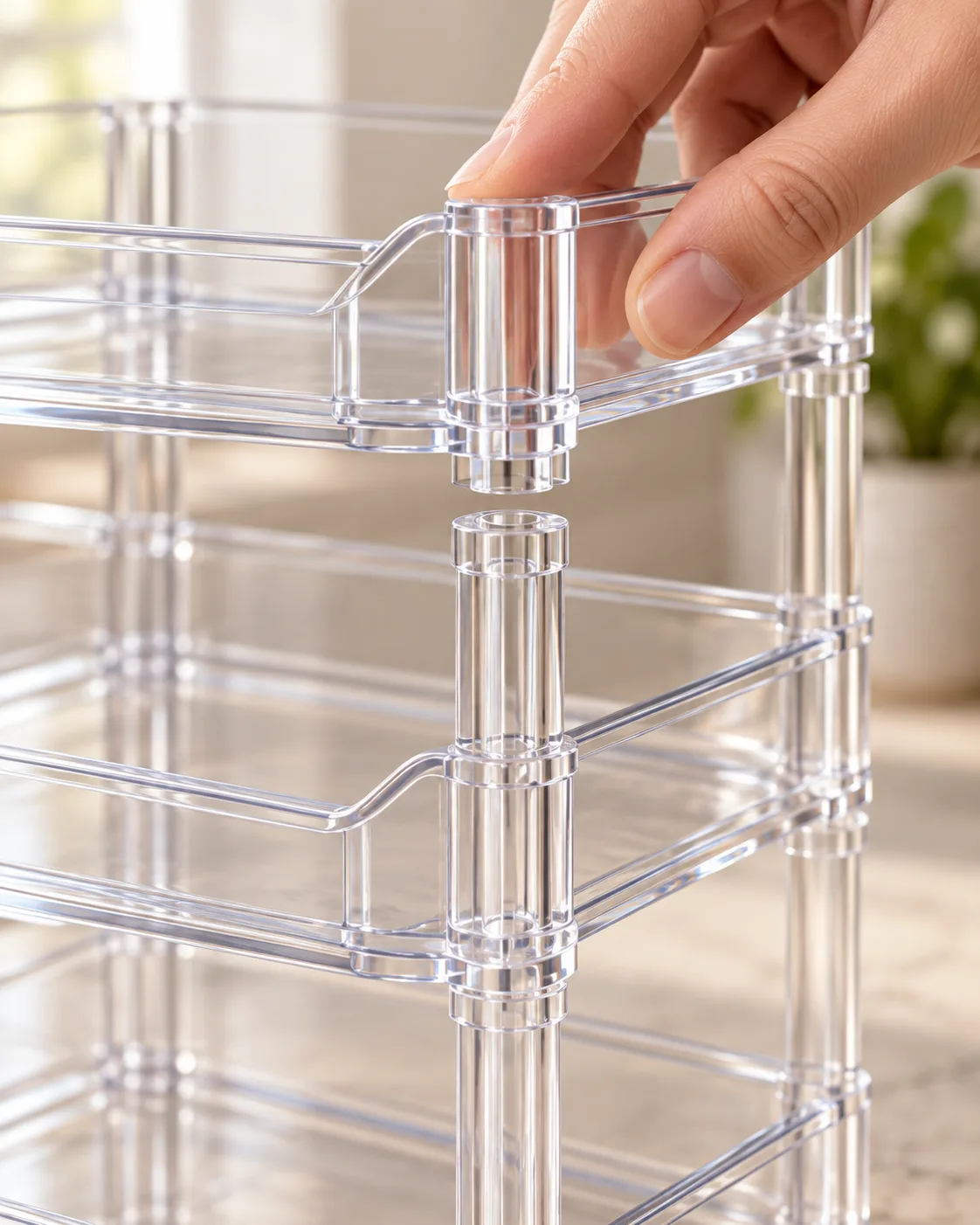 Close-up of snap-stack joint on clear PET 3-tier bottle rack