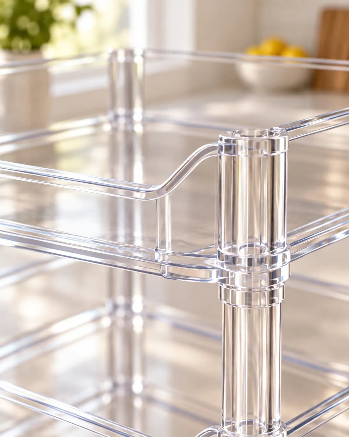 Clear PET edge and divider detail on 3-tier bottle rack