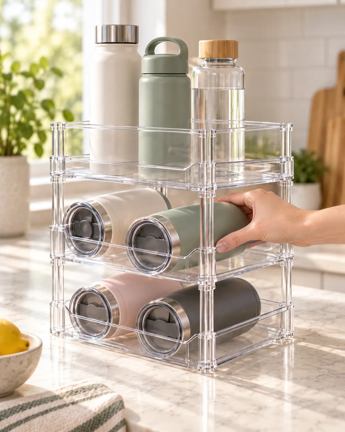 Sliding a tumbler into a clear PET 3-tier bottle rack slot
