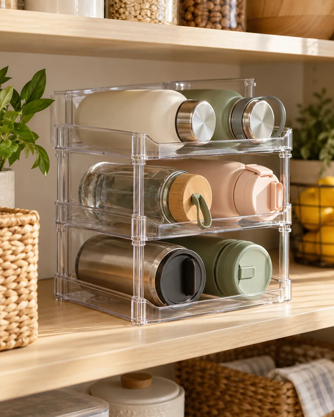 Clear PET 3-tier stackable water bottle rack holding tumblers on a pantry shelf