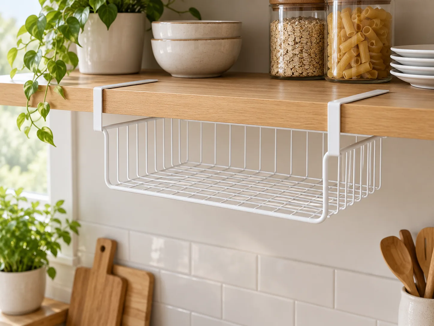 White wire under-shelf baskets hanging under a cabinet shelf