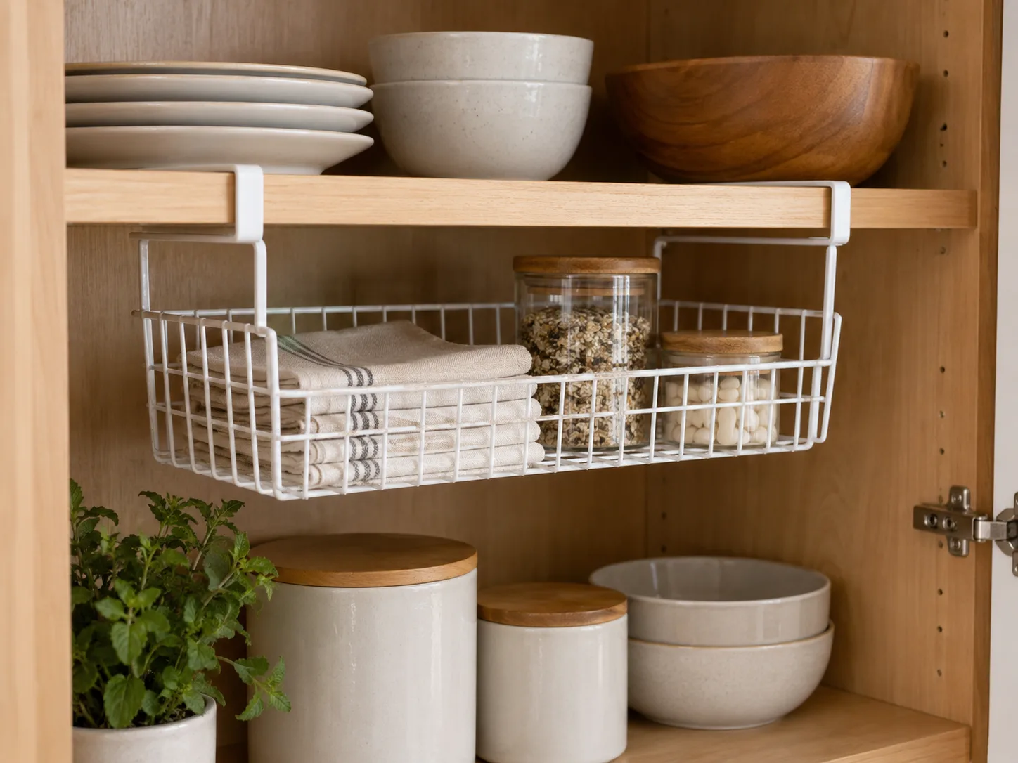 Pair of white wire under-shelf baskets in a pantry bay