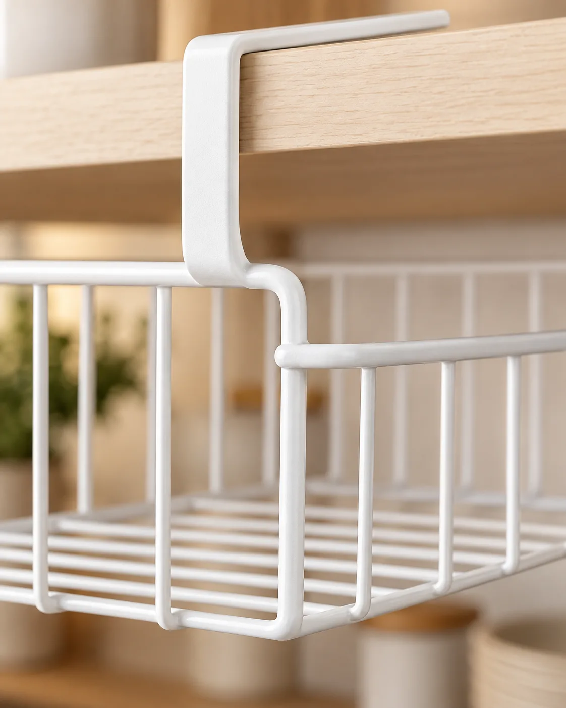 Side view of white wire under-shelf basket hanging clearance