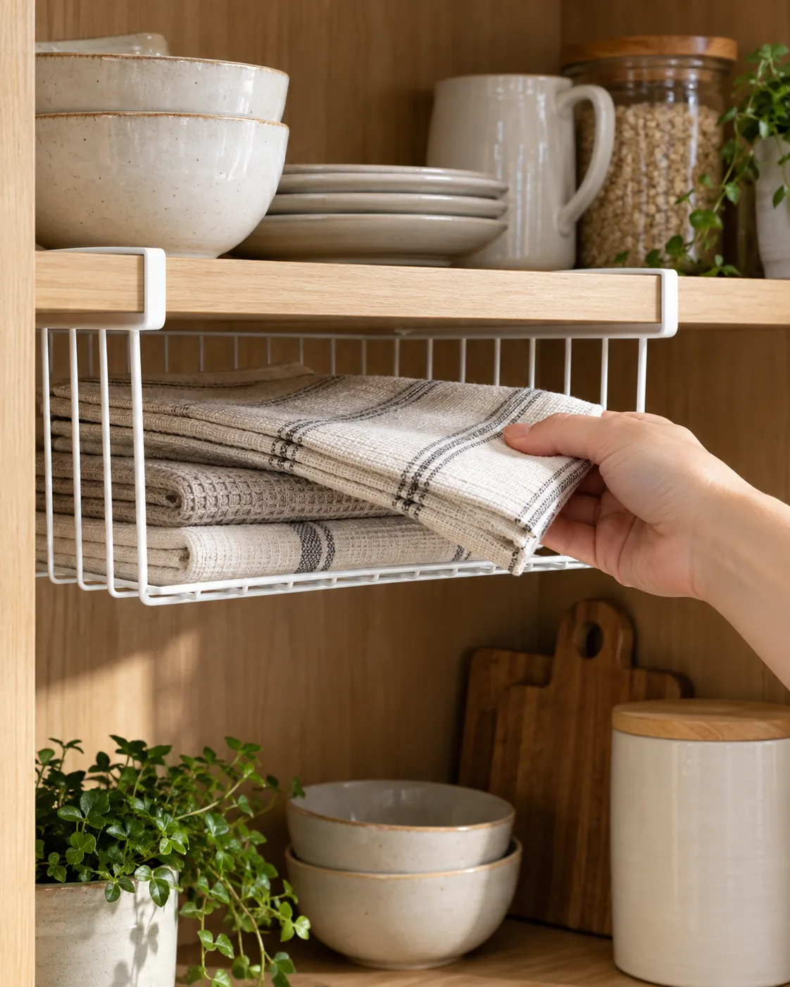 White wire under-shelf baskets holding wraps and pantry items