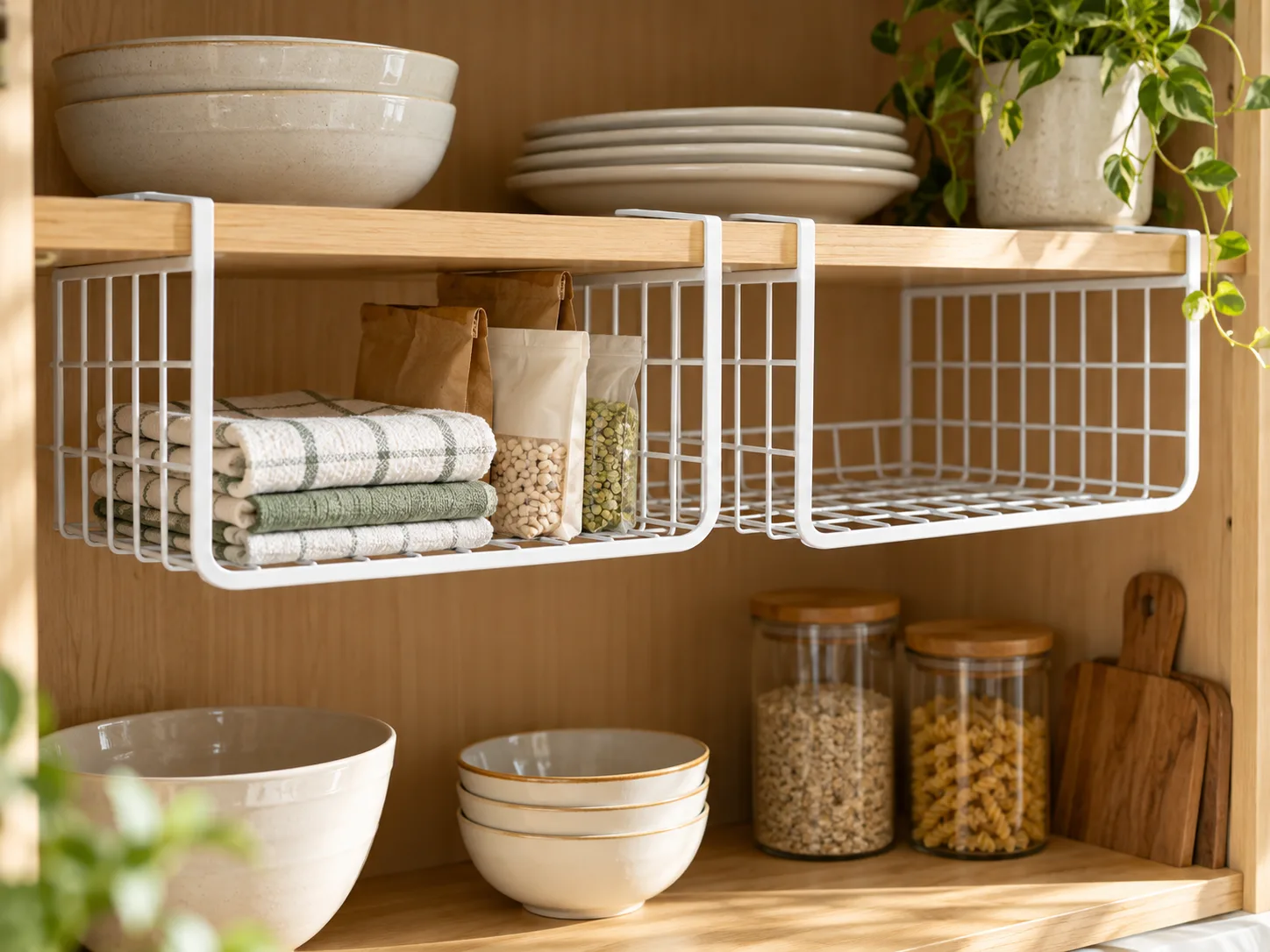 White wire under-shelf baskets hanging from a measured cabinet shelf