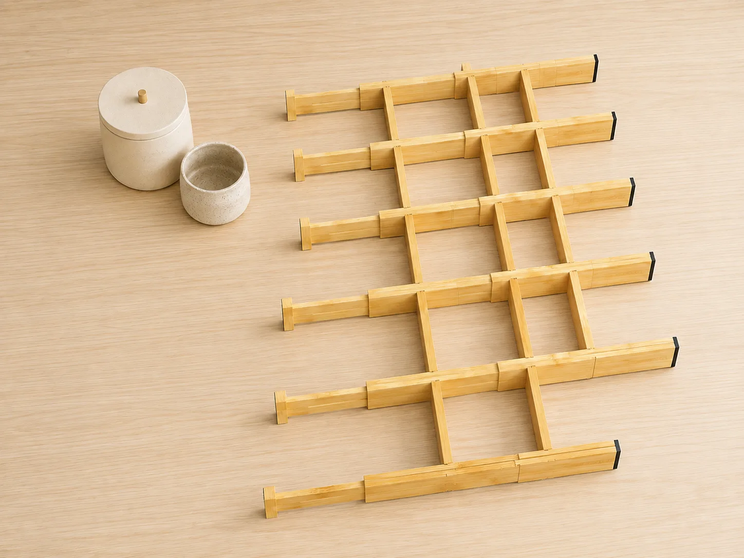 Bamboo dividers and short inserts laid out on a tabletop