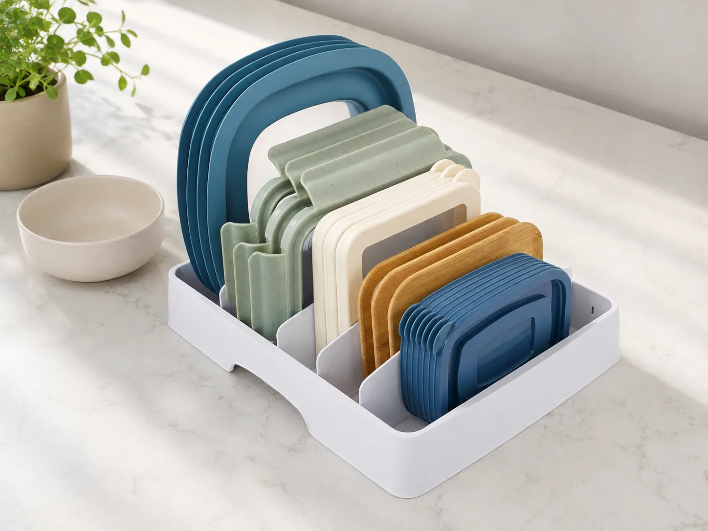 High-angle view of the lid tray and divider layout