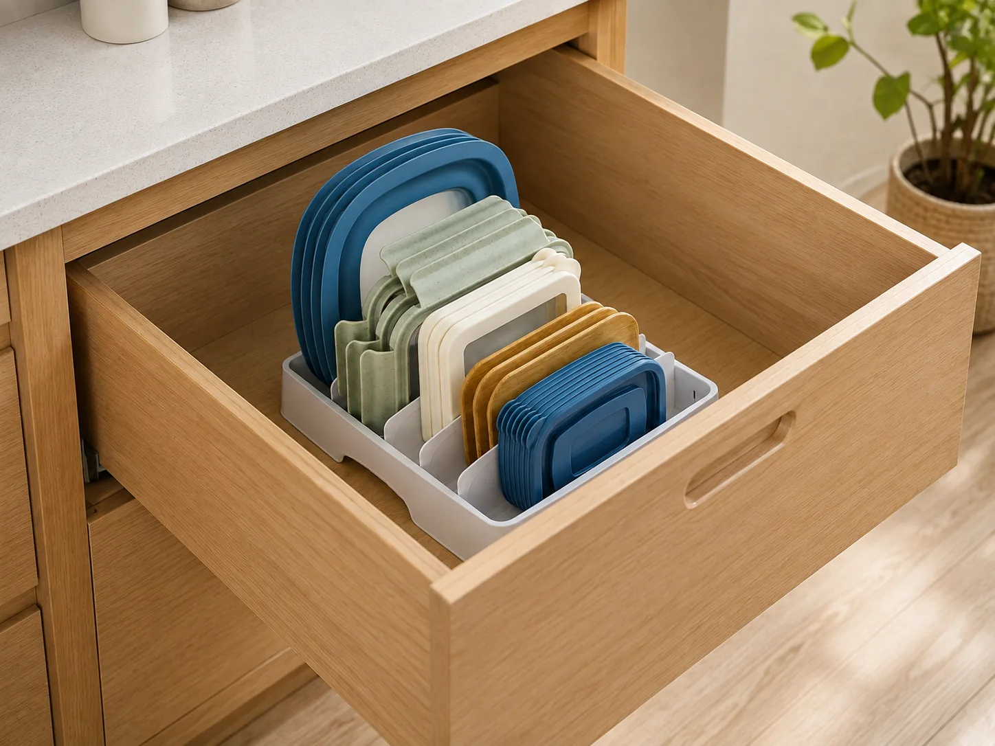 Alternate close view of upright lids in tray